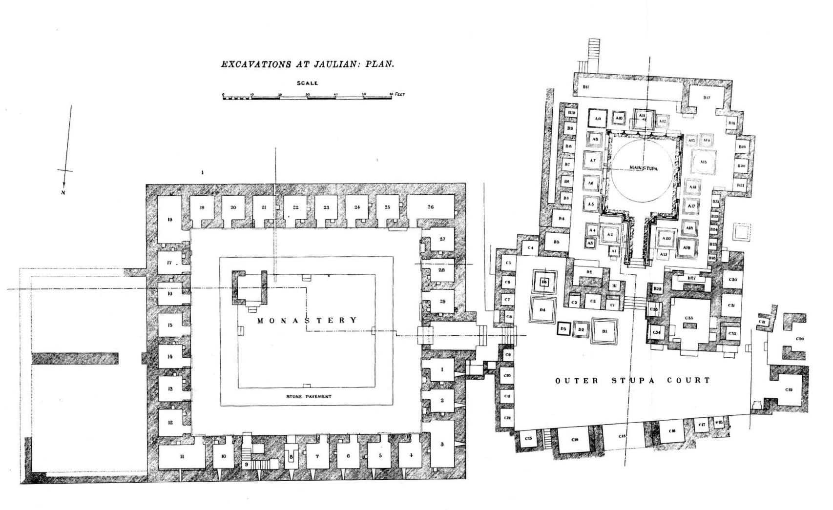 Excavation plan of the Jaulian monastery at Takshashila: student cells around a courtyard, beside the stupa court